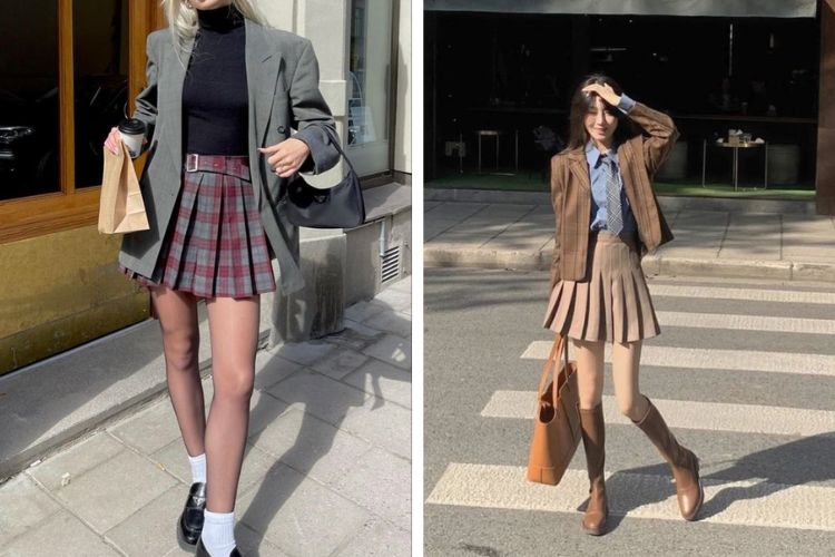 mix đồ với chân váy xếp ly ngắn